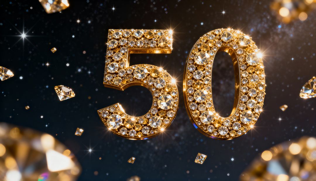 Sparkling Gold 50 Anniversary Numeral with Floating Diamonds and Crystal Glamour