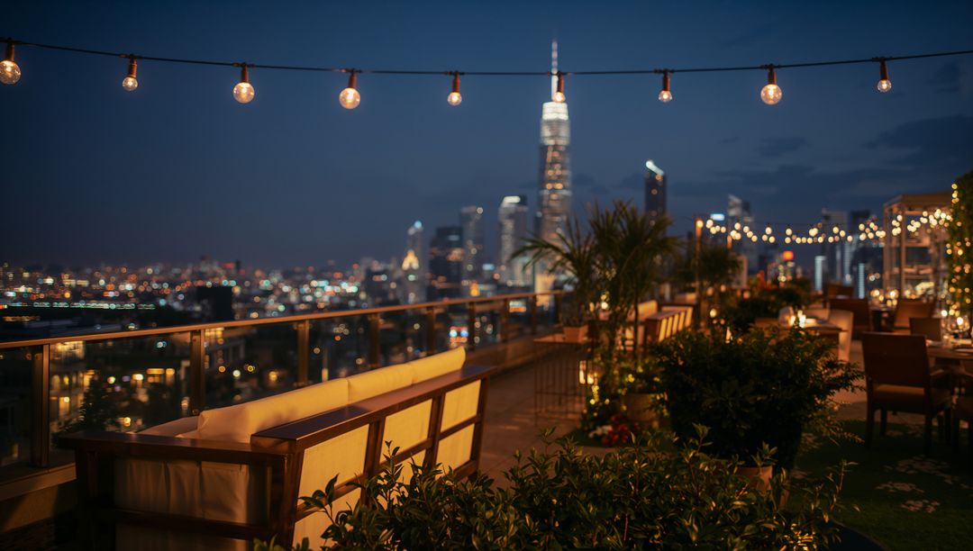 Rooftop lounge at dusk with string lights, cushioned seating and illuminated city skyline