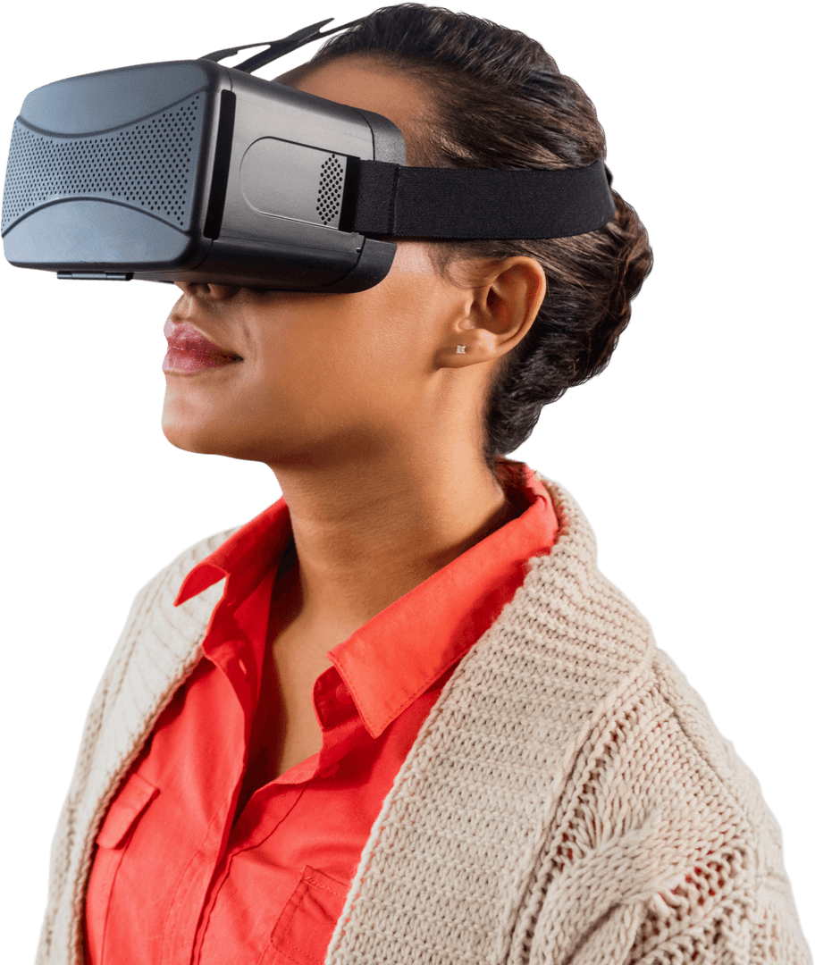 Focused Woman Using VR Glasses in Sweater on Transparent Background