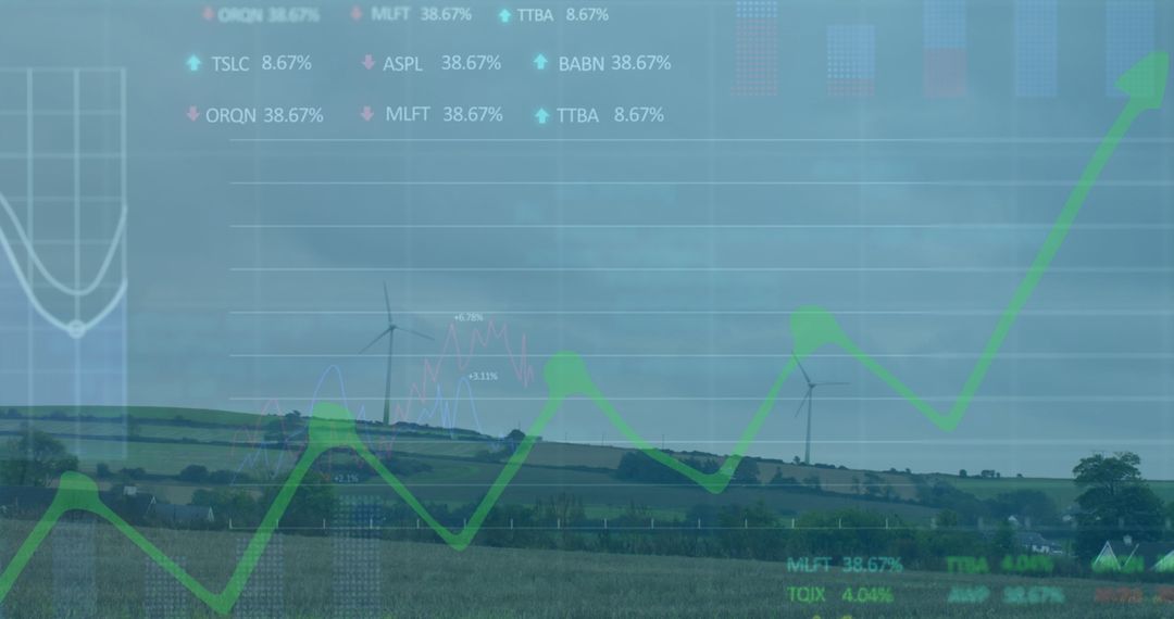 Financial Growth Chart Overlaid on Wind Turbine Landscape