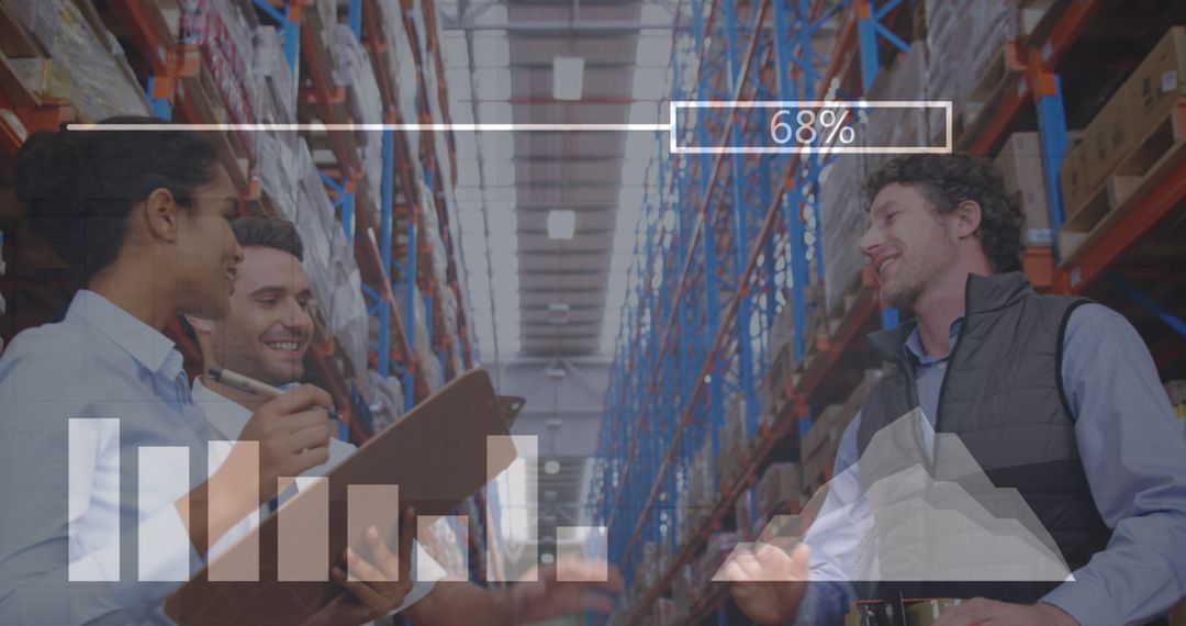 Warehouse Team Analyzing Progress with Digital Graph Overlay