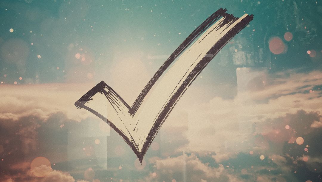 Checkmark Symbol in Dreamy Sky with Clouds and Lens Flare