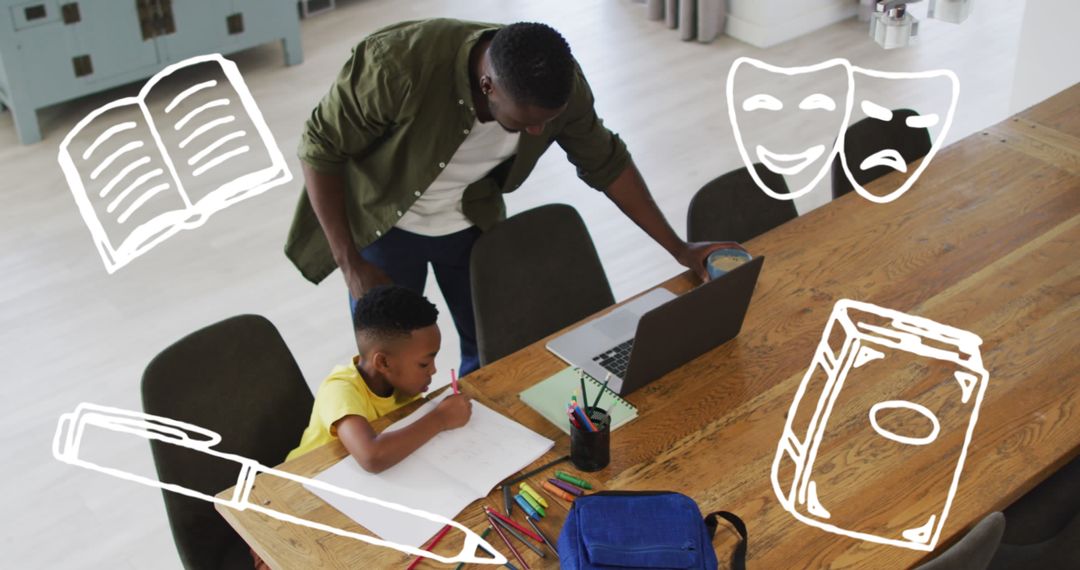 Father and Son Reading and Learning at Home with Illustrations