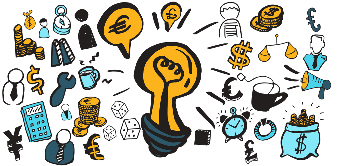 Transparent Economy and Finance Icons with Light Bulb Design