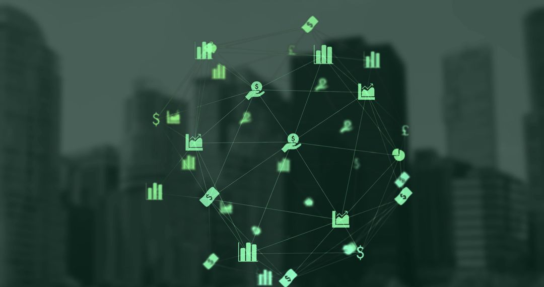 Global Finance Networking with Green Financial Icons Against Urban Skyline