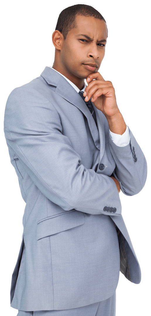 Confident African American Businessman Posing Thoughtfully on Transparent Background