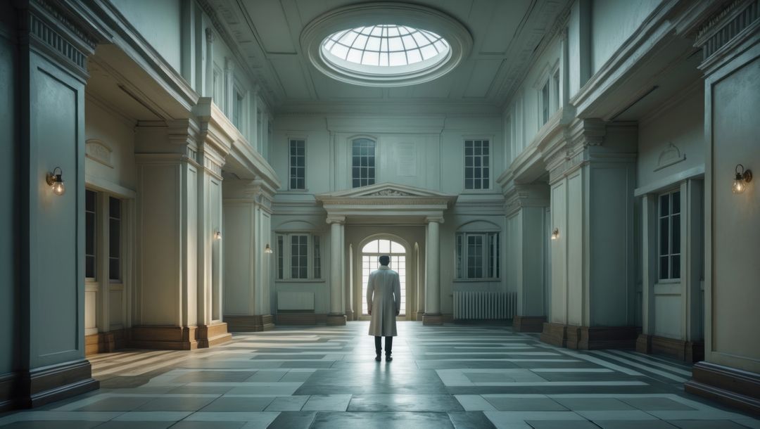 Solitary Figure in Elegant Neoclassical Hall with Skylight