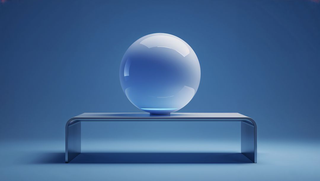 Translucent glass orb resting on curved clear bench in monochrome blue studio
