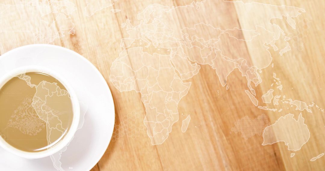 White Coffee Cup Resting on Wooden Table with Subtle World Map Overlay for Global Concept