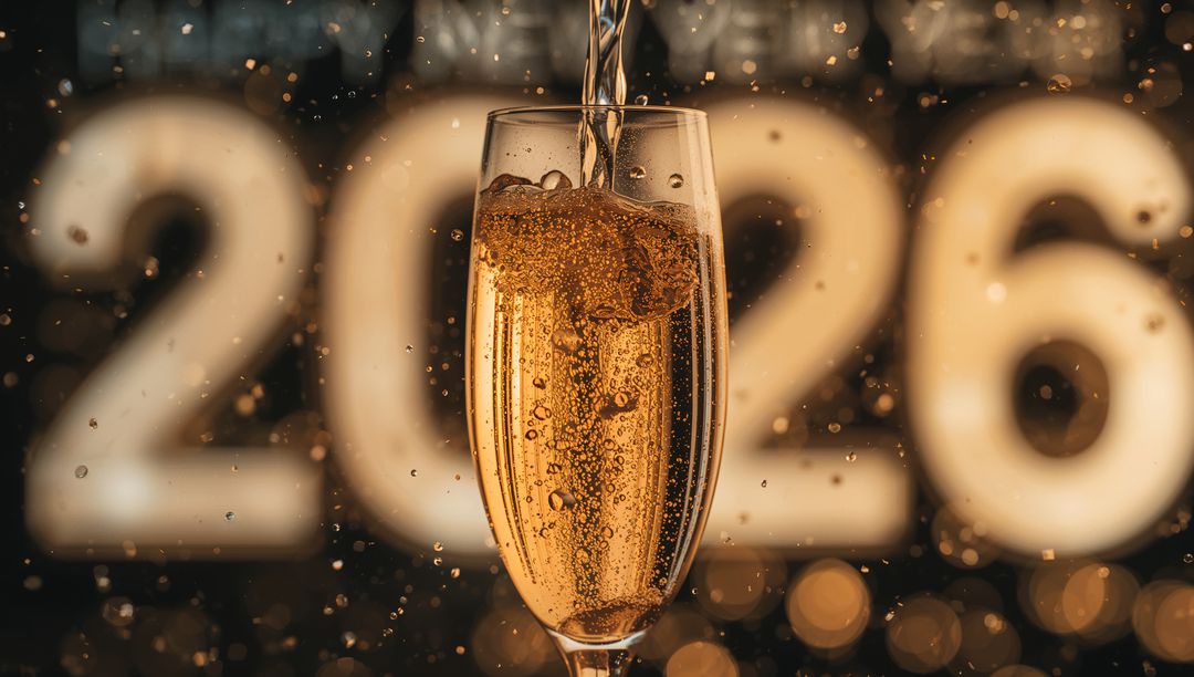 Champagne flute pouring against 2026 bokeh backdrop for New Year celebration toast