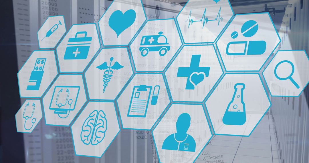 Medical Icons Overlaying Computer Servers for Global Healthcare Concept