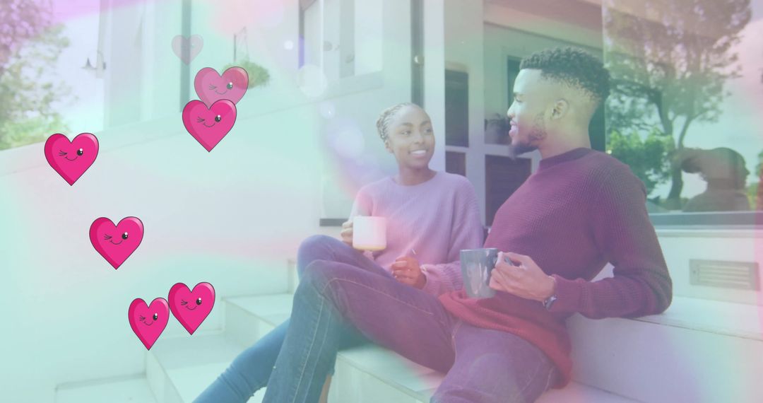 Happy Couple Enjoying Tea at Home with Digital Heart Graphics