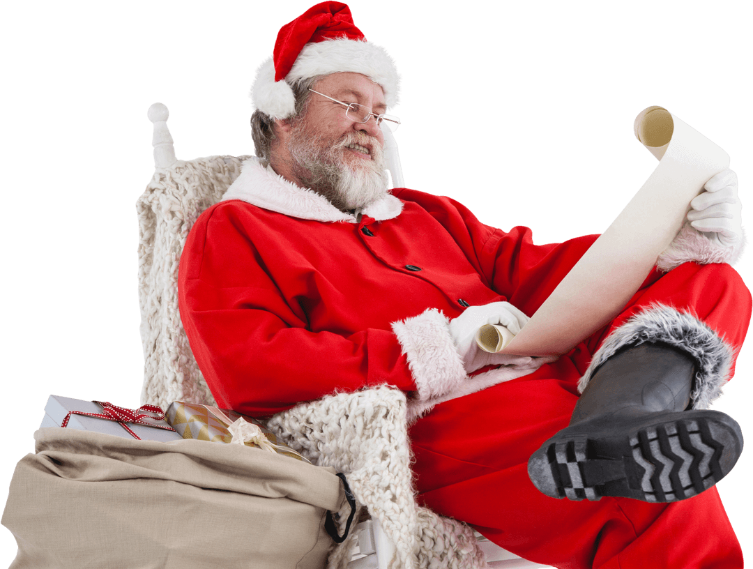 Transparent Santa Claus Reading Christmas Wish List in Chair