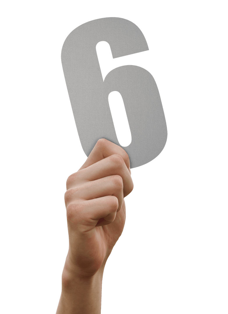 Hand Holding Metallic Number Six Isolated on Transparent Background