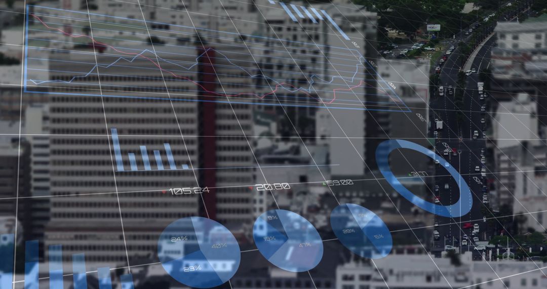 Futuristic Data Visualization Over Cityscape with Charts and Graph