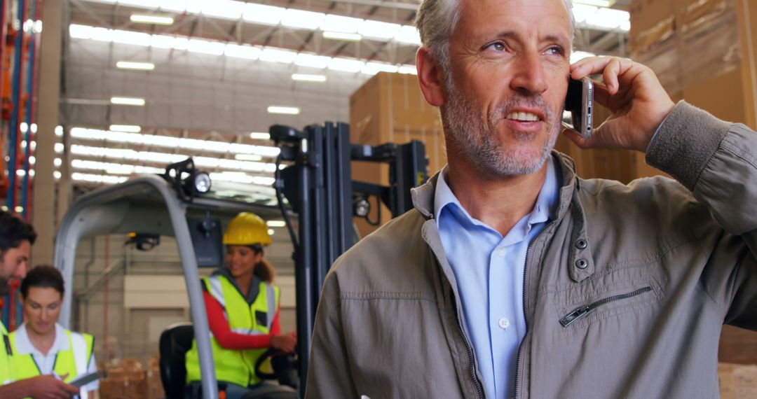 Warehouse Manager Overseeing Operations with Employees on Forklifts - Free Images, Stock Photos and Pictures on Pikwizard.com