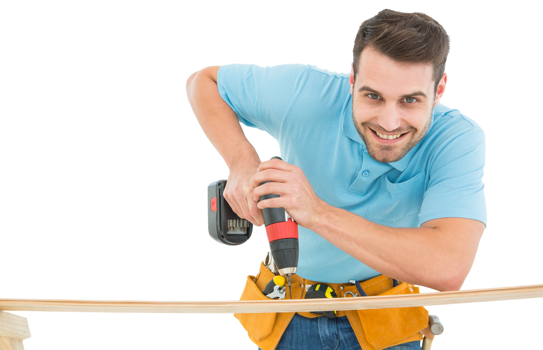 Smiling Construction Worker Using Hand Drill on Transparent Background - Download Free Stock Images Pikwizard.com