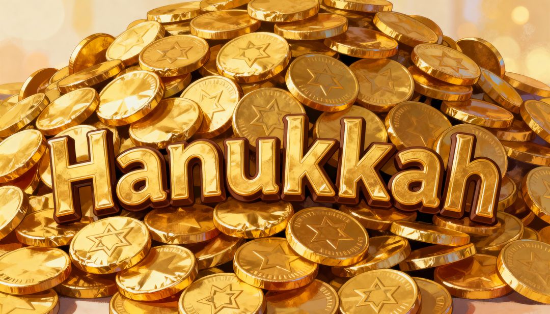 3D Gold Hanukkah Lettering Resting on Pile of Star-Embossed Gelt Coins with Warm Bokeh