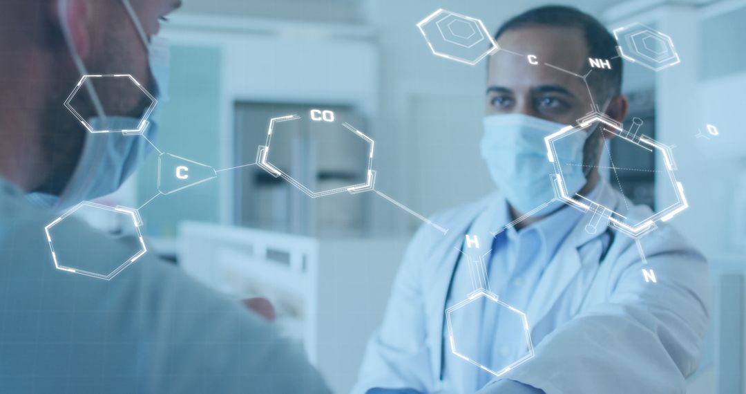 Doctor Analyzing Data with Chemical Structures Overlay