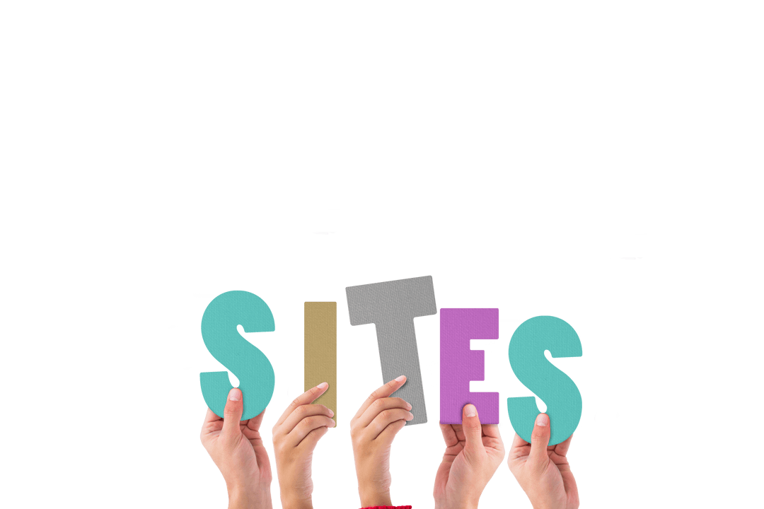 Digital Illustration of Hands Raising 'Sites' Text on Transparent Background