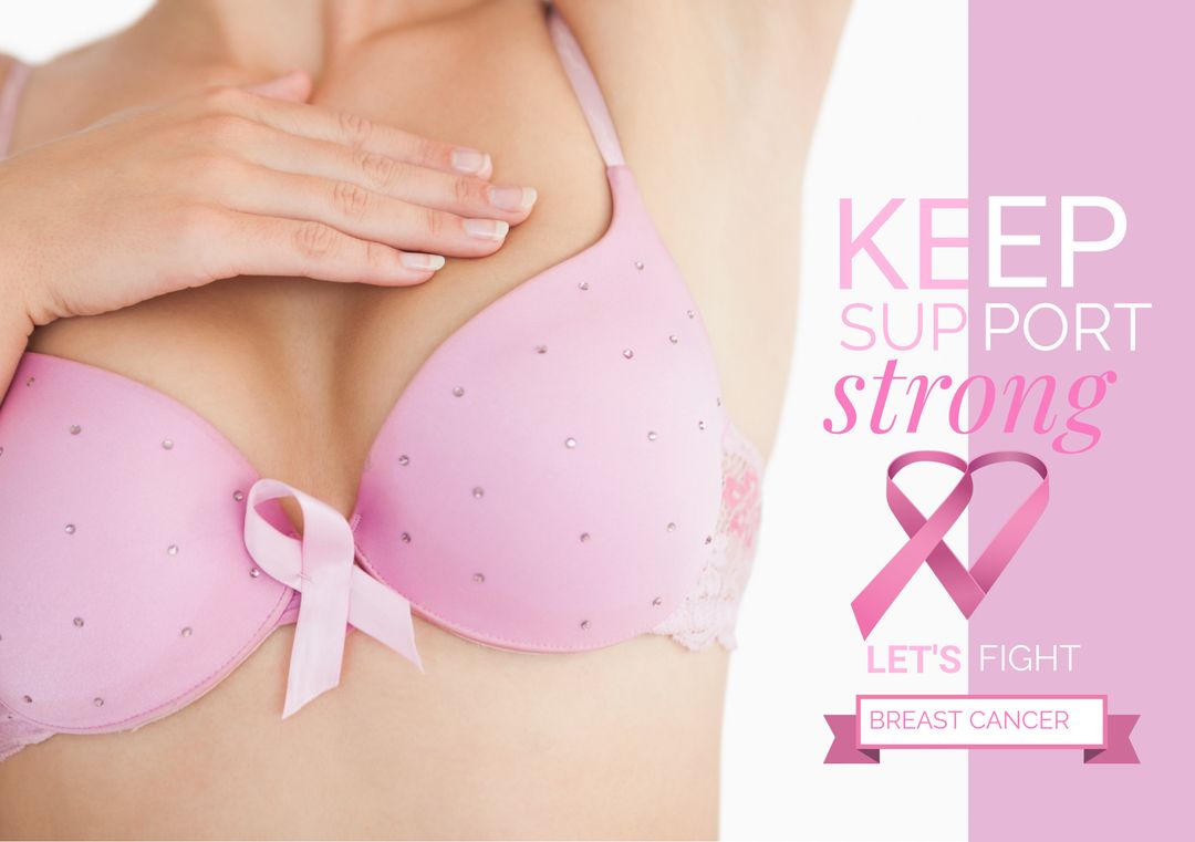 Woman Wearing Pink Bra with Breast Cancer Awareness Ribbon Promoting Support and Empowerment - Download Free Stock Templates Pikwizard.com