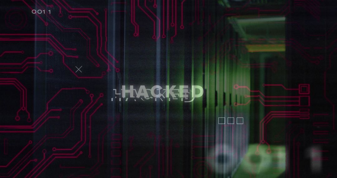 Digital Data Breach in High-Tech Server Room with Hacked Text