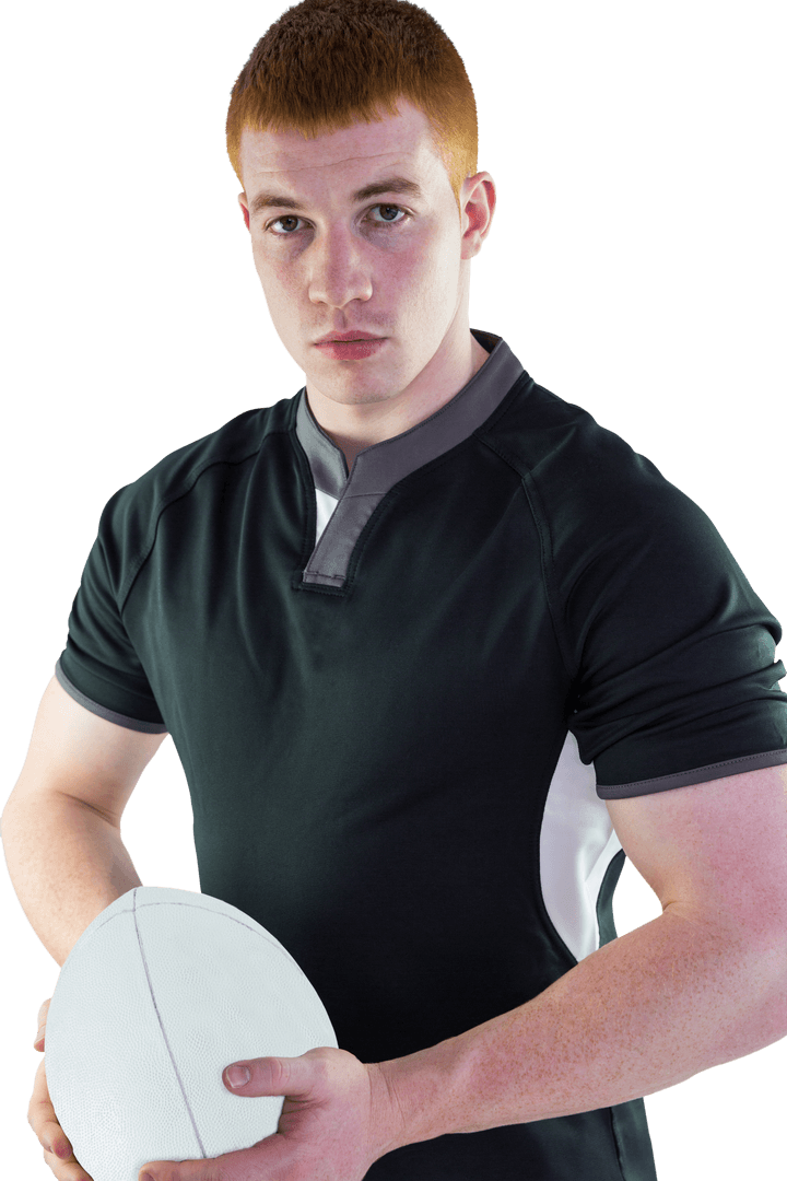 Transparent Rugby Player Holding Ball with Intense Look