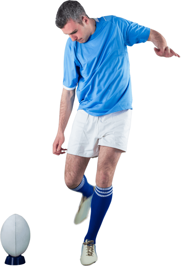 Determined Rugby Player Preparing Drop Kick with Transparent Background