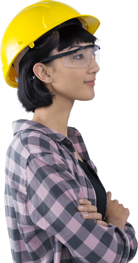 Thoughtful Female Architect in Protective Gear Over Transparent Background