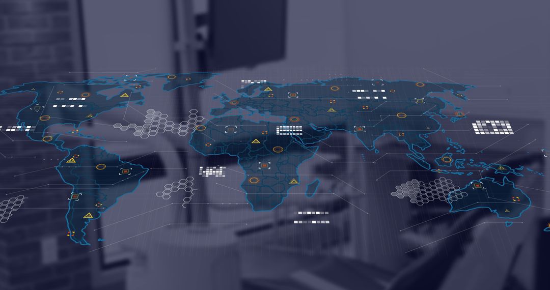 Digital World Map Overlay in Modern Office Setting