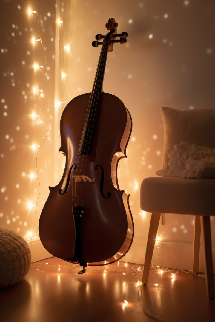 Brown cello leaning on wall with fairy lights, created using generative ai technology - Free Images, Stock Photos and Pictures on Pikwizard.com