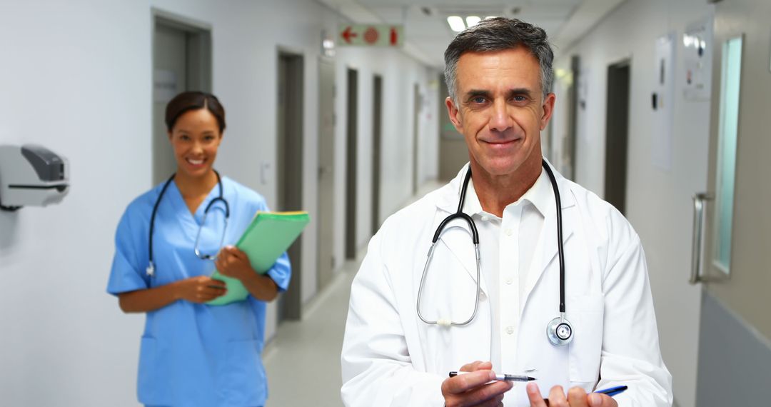 Confident Doctor Standing in Hospital Corridor with Nurse in Background - Free Images, Stock Photos and Pictures on Pikwizard.com