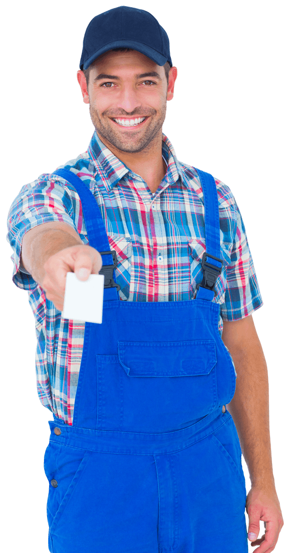 Smiling Handyman Offering Transparent Business Card