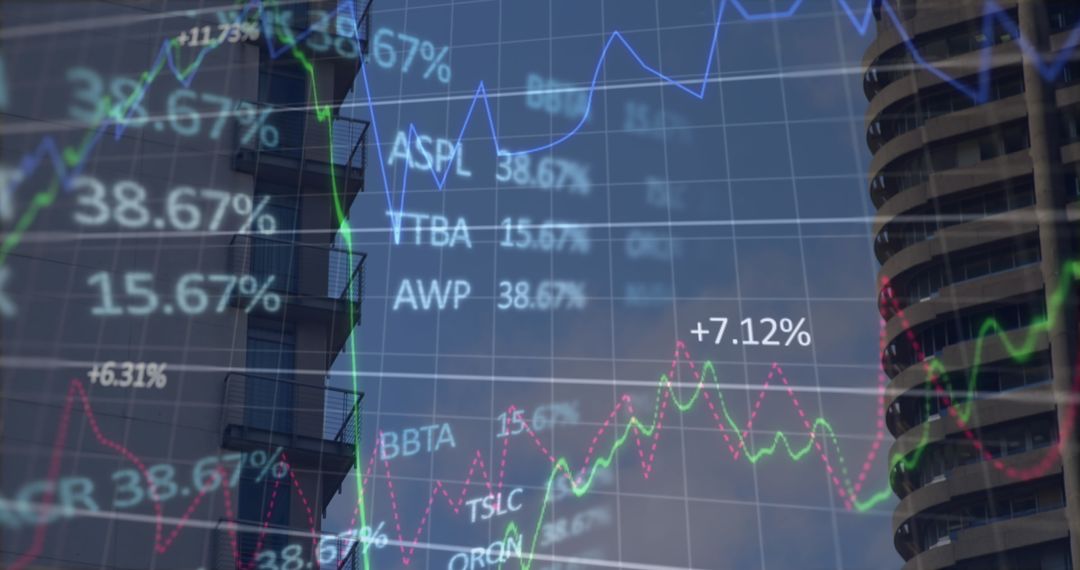 Digital Infographic of Stock Market Data Overlaying Urban Scene
