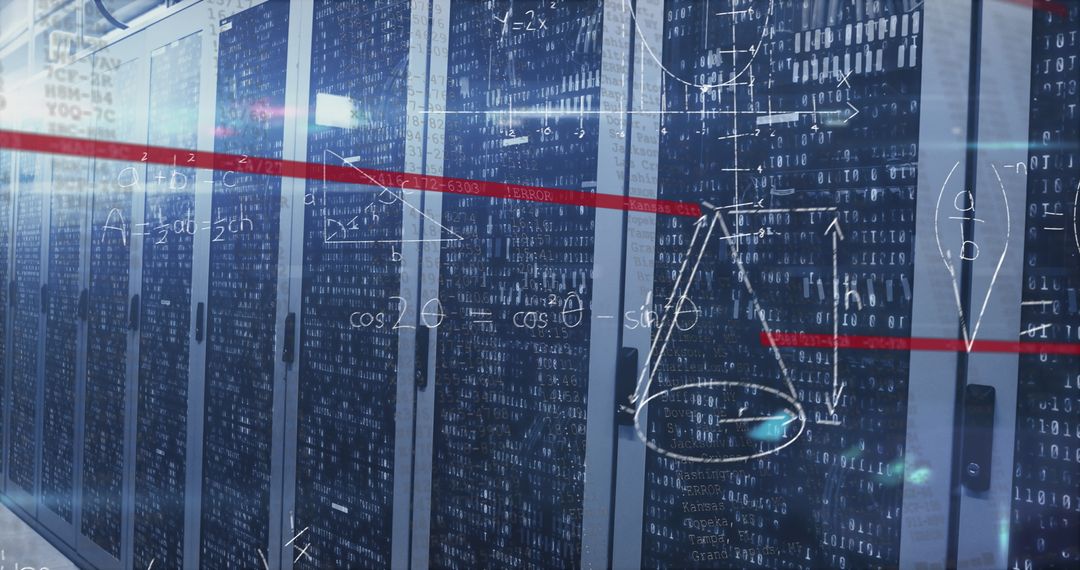 Futuristic Data Center Corridor with Digital Code Overlay