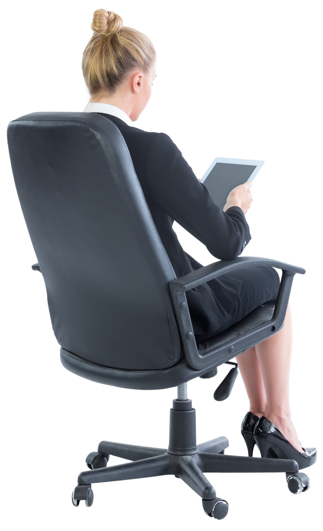 Blonde Businesswoman Sitting on Swivel Chair with Tablet, Transparent Background - Download Free Stock Images Pikwizard.com