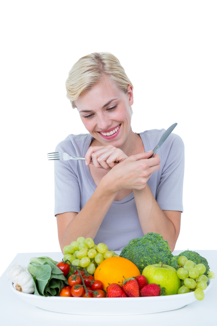 Woman Sitting Behind Table with Fruits and Vegetables, Transparent Background - Download Free Stock Images Pikwizard.com