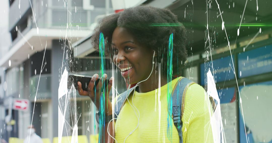 Smiling Woman Communicating Wirelessly With Digital Overlay