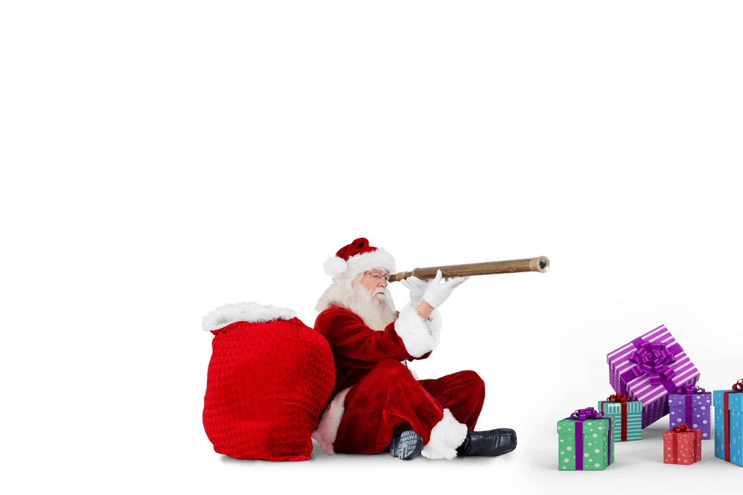 Santa Claus Holding Telescope with Gifts on Transparent Background PNG