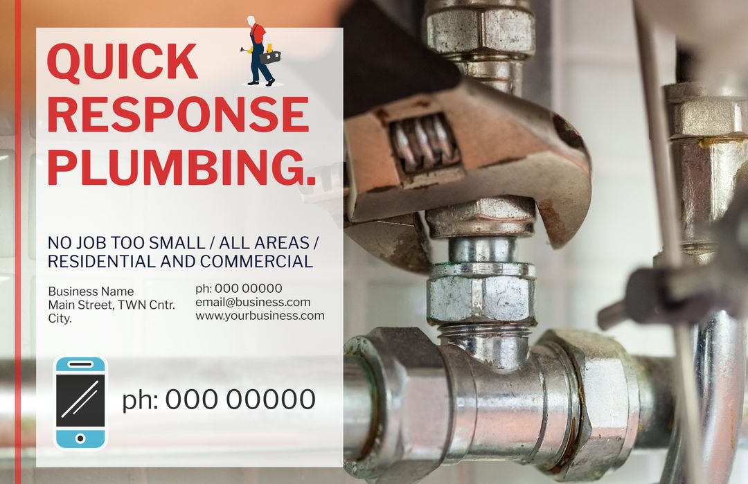 Quick Response Plumbing Service Ad with Contact Details and High-Quality Image of Pipes - Download Free Stock Templates Pikwizard.com