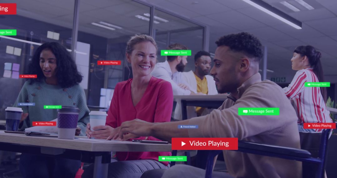 Diverse Colleagues Discussing Work with Social Media Overlay in Office