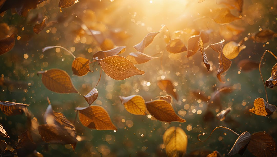 Drifting amber leaves glowing in golden sunbeams with bokeh dust and rimlight, autumn