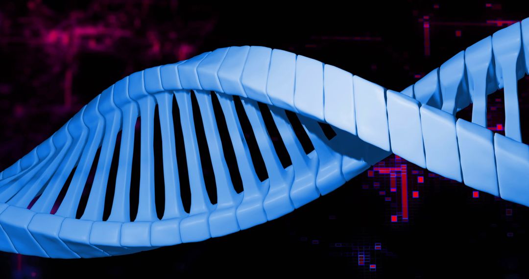 Blue DNA Strand Amidst Digital Data Background in Black and Purple