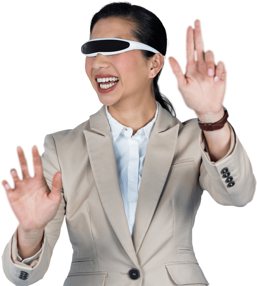 Transparent Smiling Businesswoman Wearing Futuristic Virtual Glasses