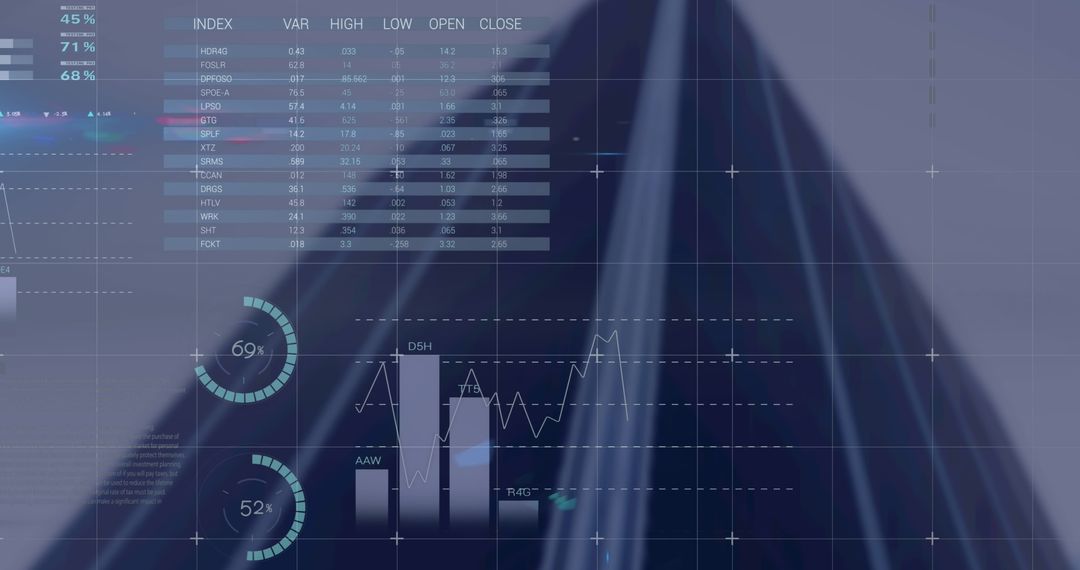 Digital Financial Data Overlaid on Skyscraper Illustrating Business Growth