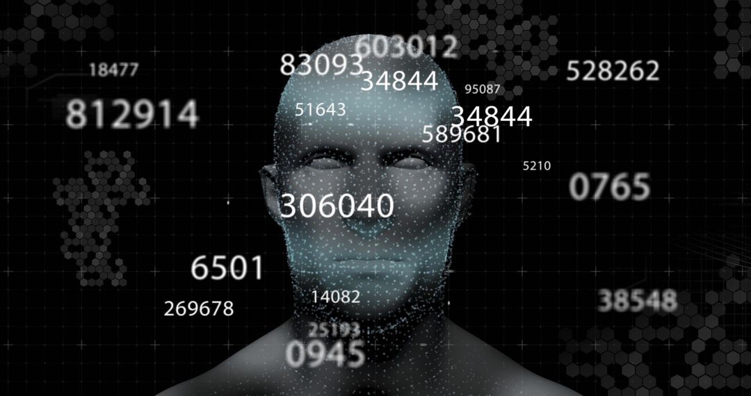 3d human face model with floating numbers on black background