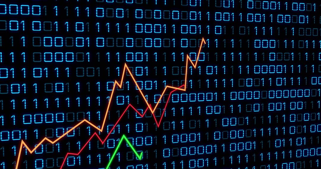 Binary Code Overlay with Rising Financial Chart and Data