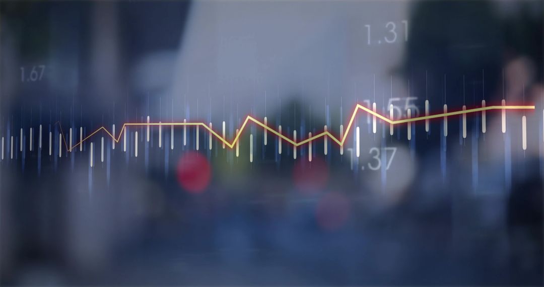 Glowing Line Graph and White Bar Charts Over Urban Background