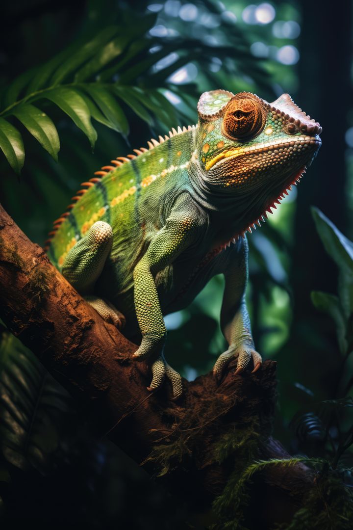 Chameleon Resting on Tree Branch in Tropical Forest - Free Images, Stock Photos and Pictures on Pikwizard.com