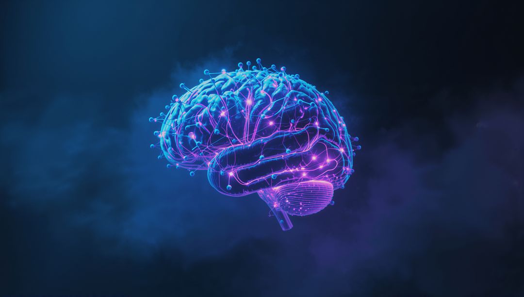 Glowing Digital Brain in Abstract Space